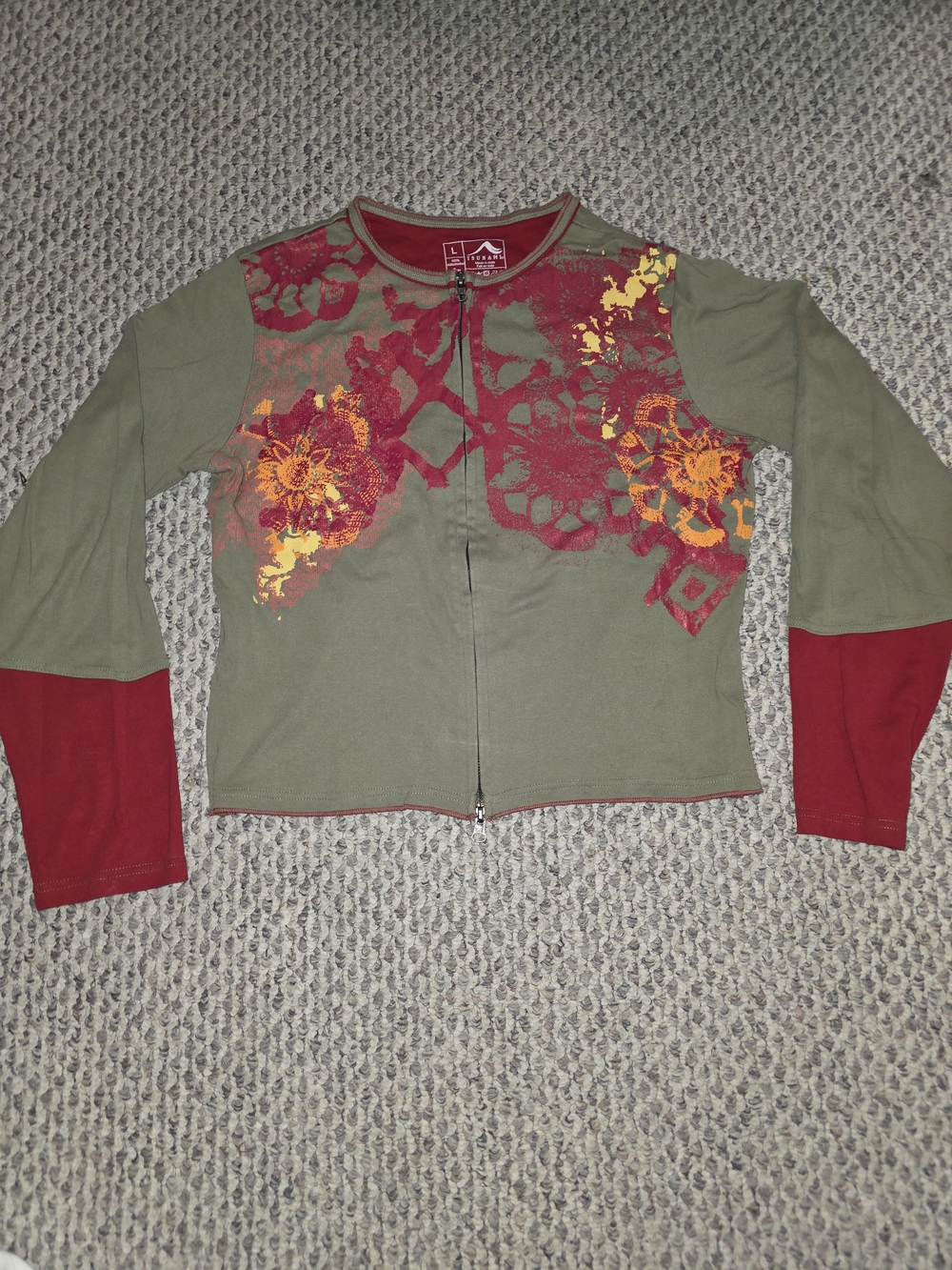 Y2k Tsunami Jacket with Red Sleeves and Floral Accents